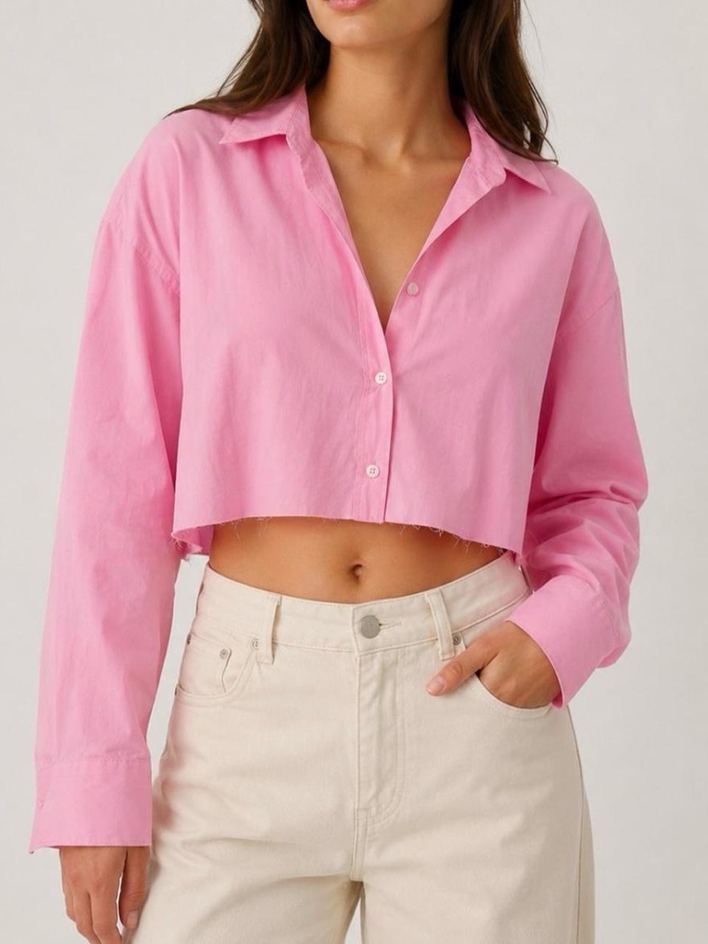 Zara Cropped Button-Down Shirt in Bright Pink